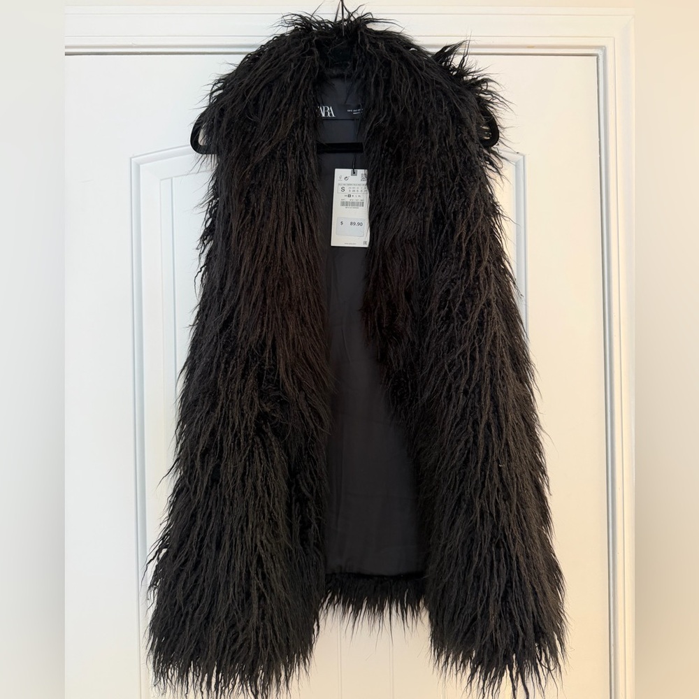 Zara Black Shag Faux Fur Long Vest